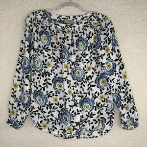LOFT Outlet Blouse Womens XS Petite Blue Yellow Floral Long Sleeve Button Top